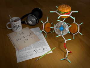 Acetylcholin dargestellt als Pusteblume, gebunden an drei aromatische Ringe dargestellt als Hamburger - auf einem Tisch liegend auf dem ein wissenschaftliches Paper, eine Molekülzeichnung, eine WSR-Tasse und ein Körperhörer liegen